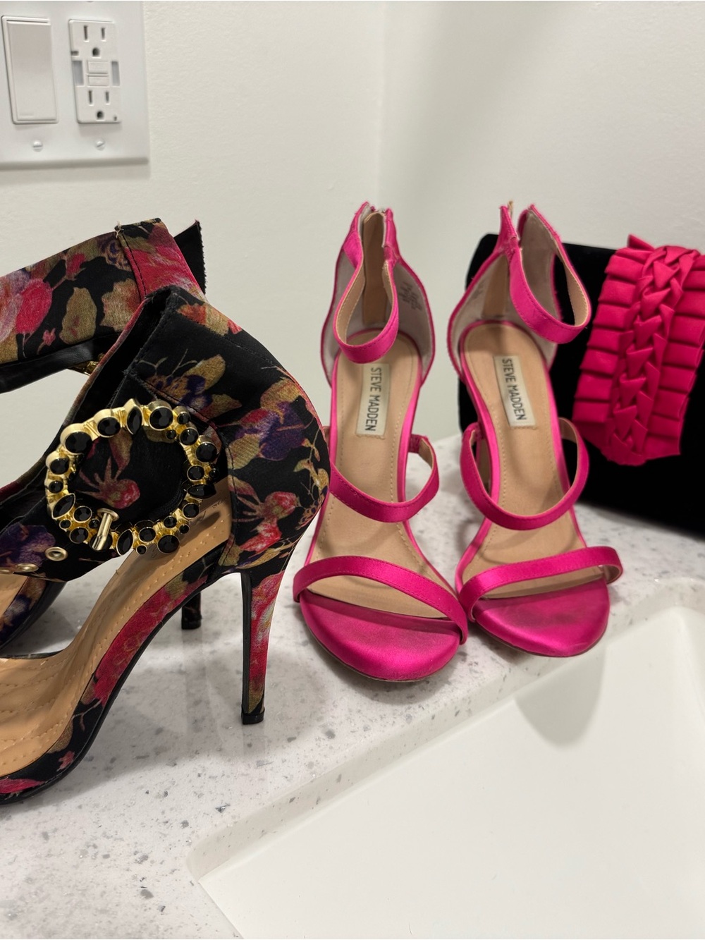 Bundle! Steve Madden Fuchsia Satin Strappy Sandals, Floral Heels & Purse!